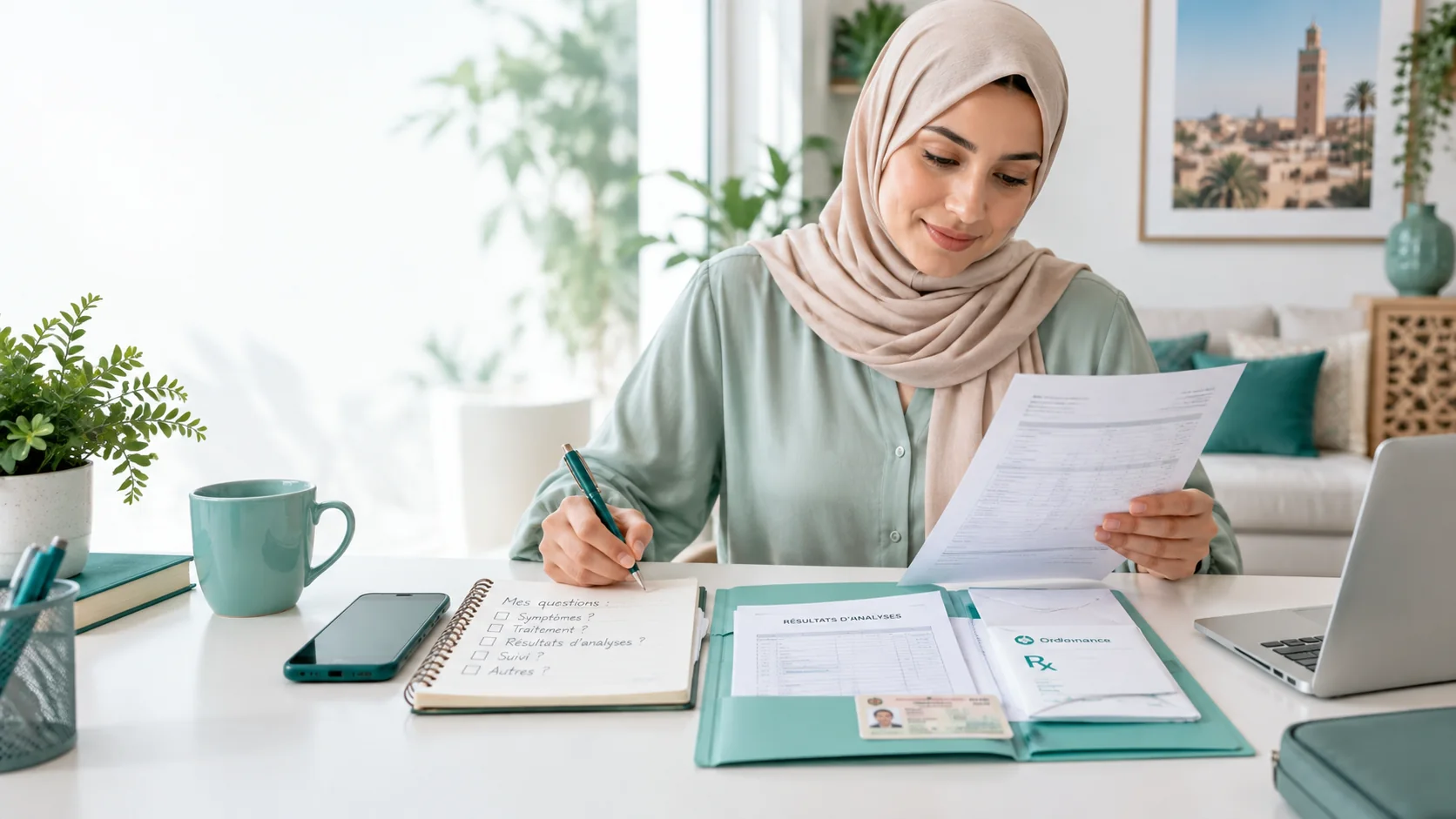 Une femme organise des documents médicaux et note ses questions dans un carnet avant une consultation.