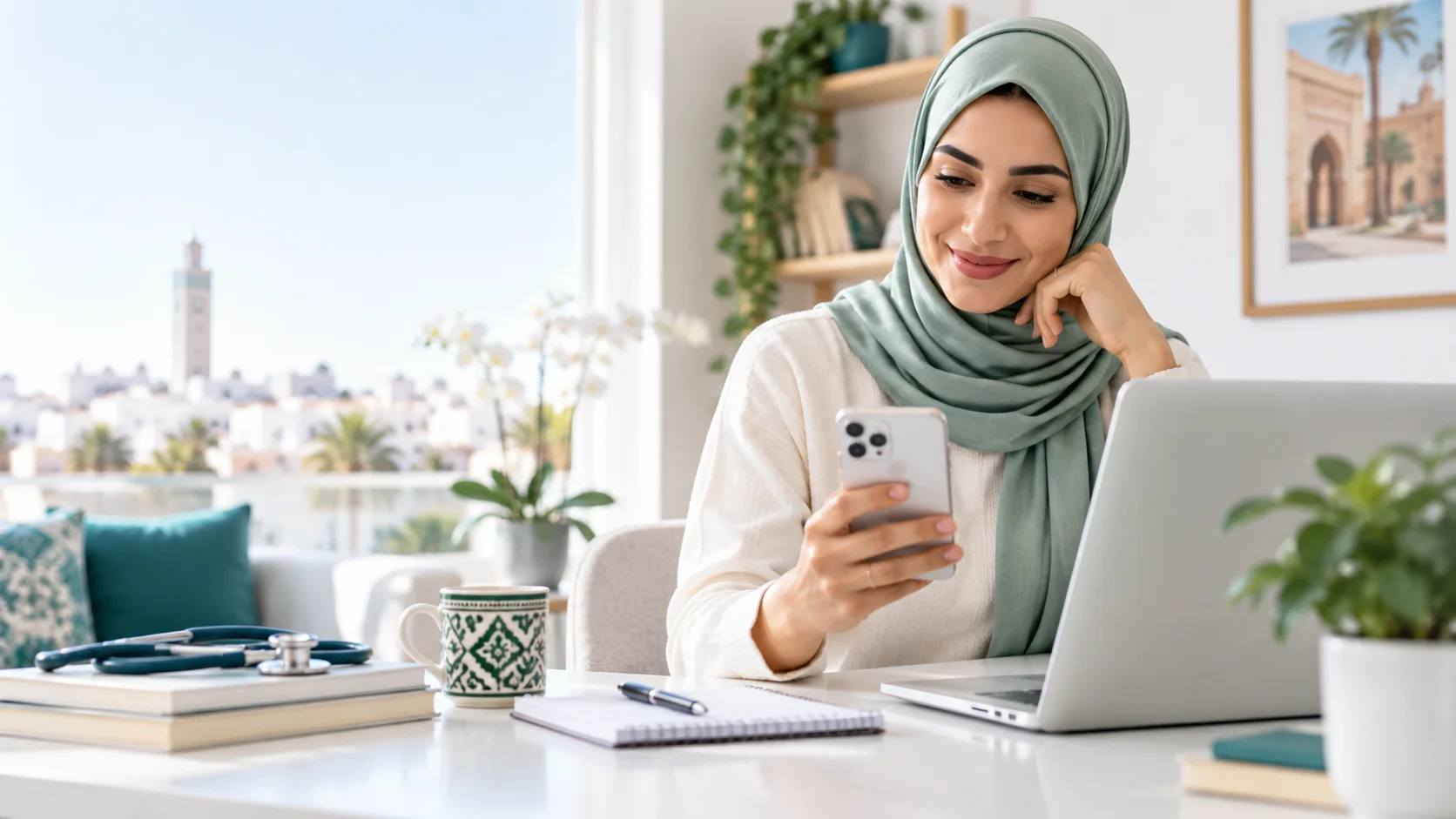 Une femme utilise son smartphone à son bureau pour organiser un rendez-vous médical.