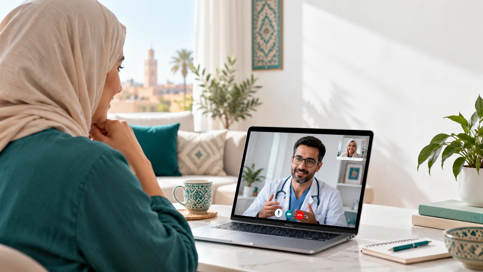 Une femme échange avec un médecin en visioconférence sur un ordinateur portable depuis son domicile.