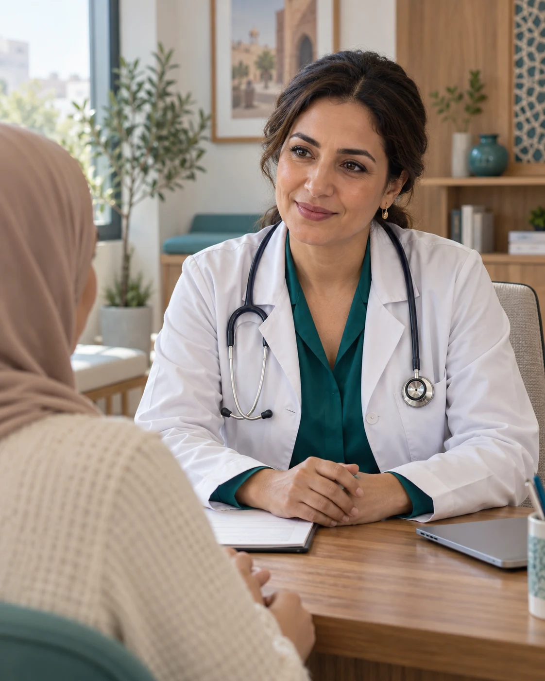 Une médecin à l’écoute de sa patiente, scène illustrative